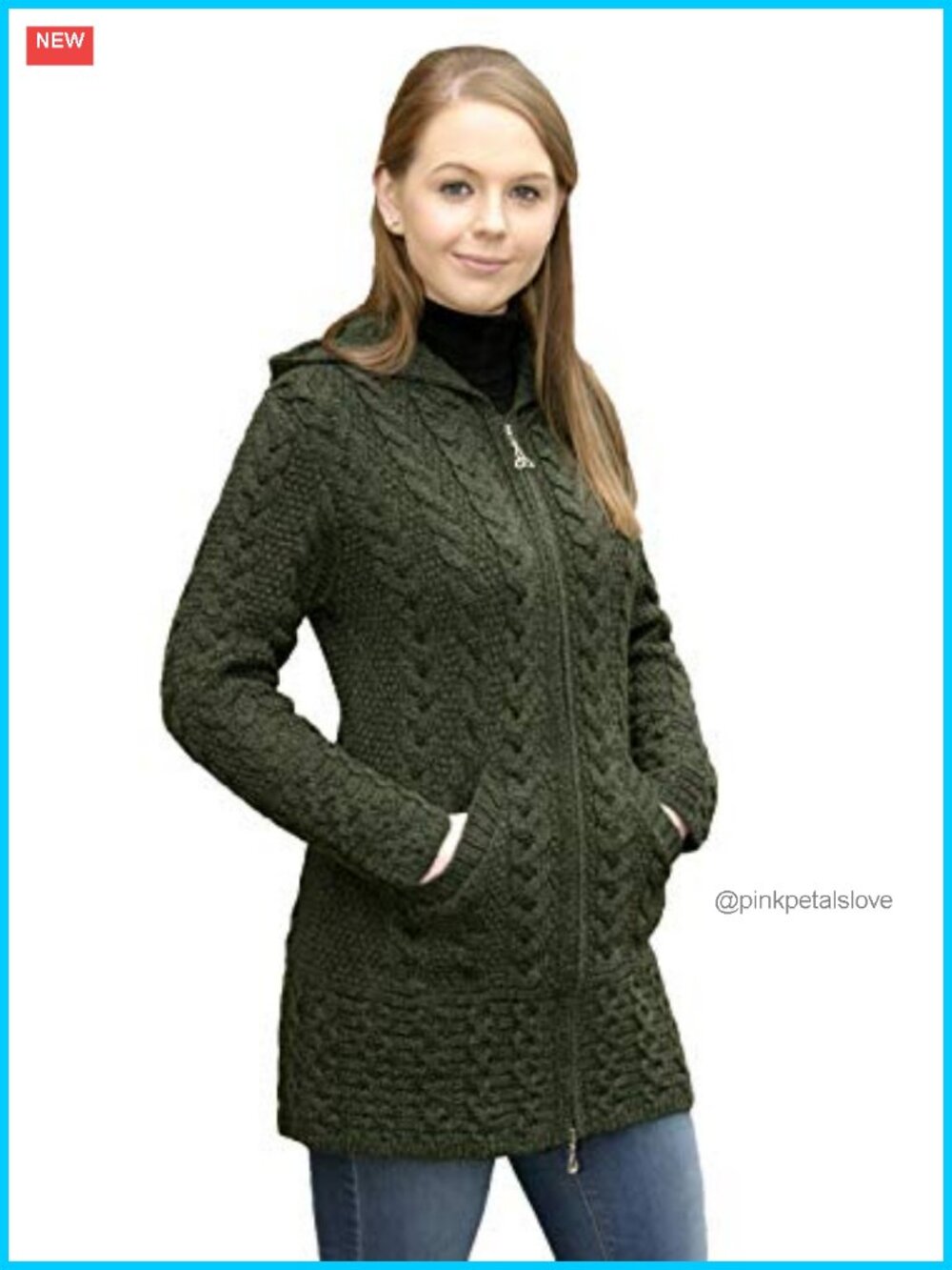 Merino Wool Cable Knit Hooded Coat Celtic 3/4 Length Winter